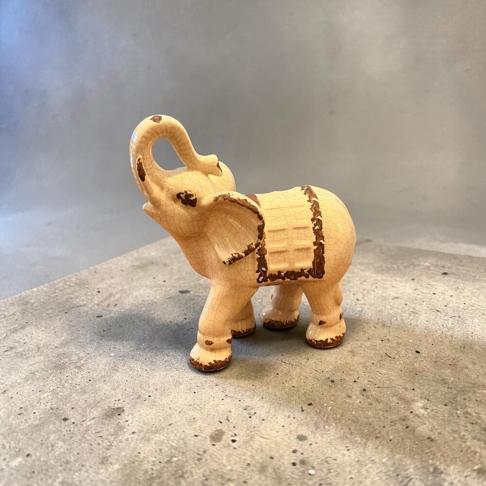 Vintage Ceramic Elephant Figurine Crackle Glaze Ivory Brown Trunk Up Lucky Decor